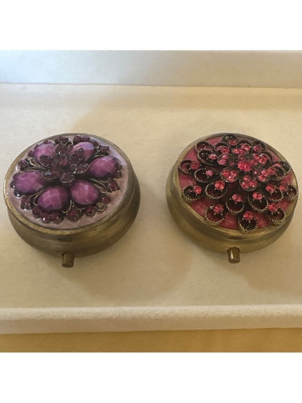Pair of Vintage Round Rhinestone Pill Box 1.5” diameter Gold-tone
